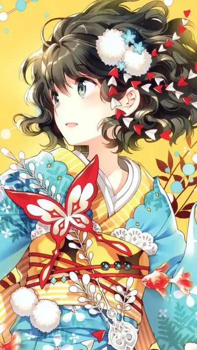 Anime girl in a kimono with butterflies and flowers