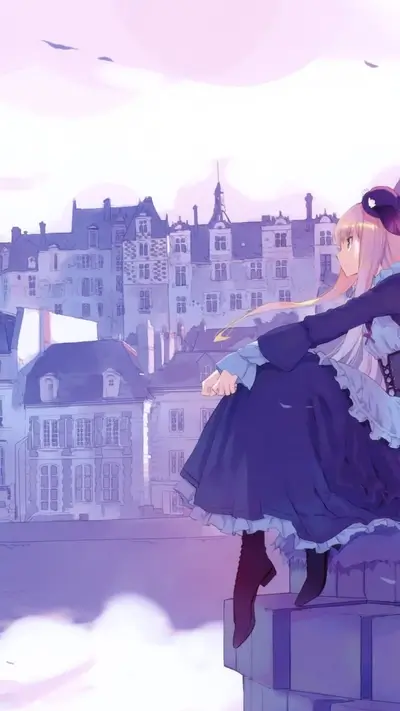 Anime girl in a purple dress sitting on a rooftop