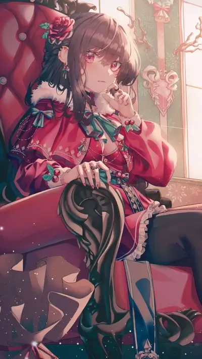 Anime girl in a red Christmas dress sitting on a chair
