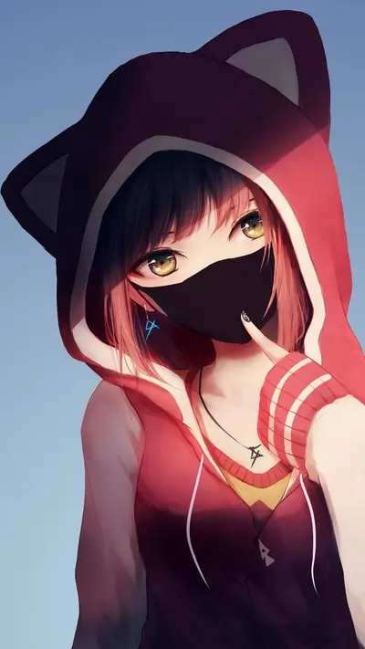 Anime girl in a red hoodie with cat ears and a black mask