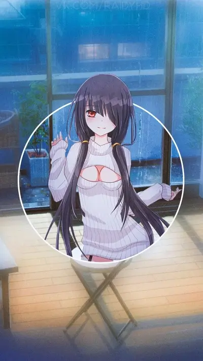 Anime girl in a sweater, rainy window background
