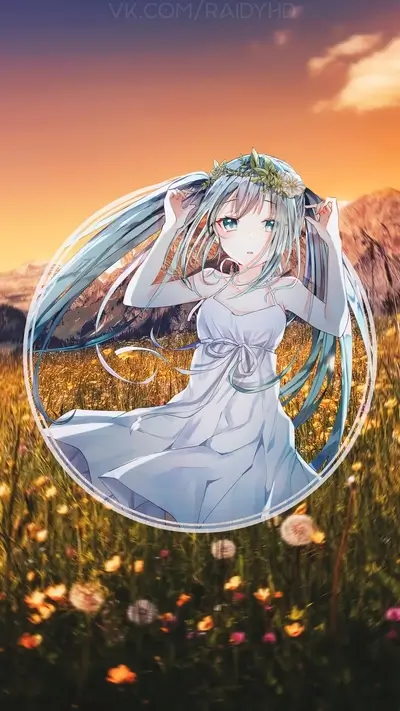 Anime girl in a white dress in a field