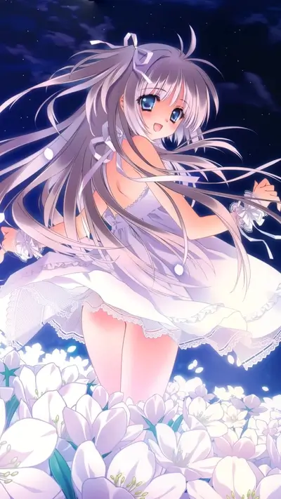 Anime girl in a white dress, standing in a field of flowers