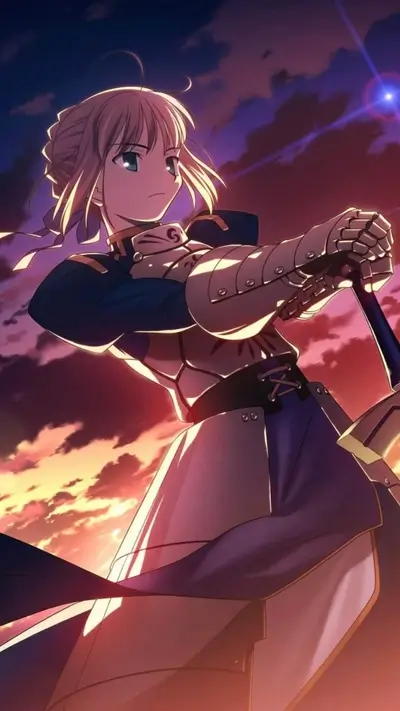 Anime girl in armor sunset background