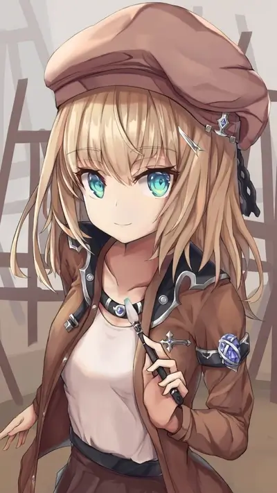 Anime girl in artist attire holding paintbrush