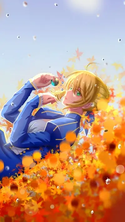 Anime girl in autumn leaves