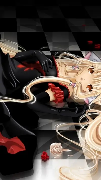 Anime girl in black dress with red accents