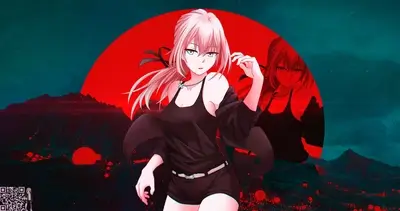Anime girl in black outfit, red background