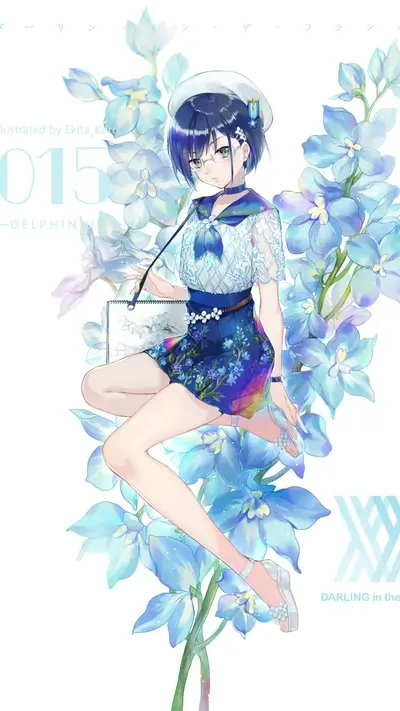 Anime girl in blue dress sitting among blue flowers