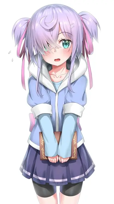 Anime girl in blue jacket holding book, slightly blushing