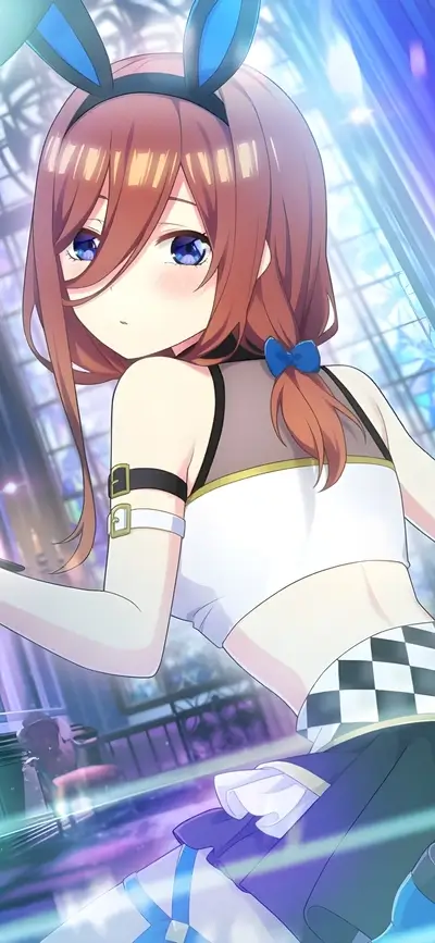 Anime girl in bunny ears outfit, looking over shoulder