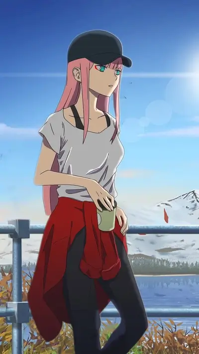 Anime girl in casual outfit, enjoying scenic view, coffee cup in hand