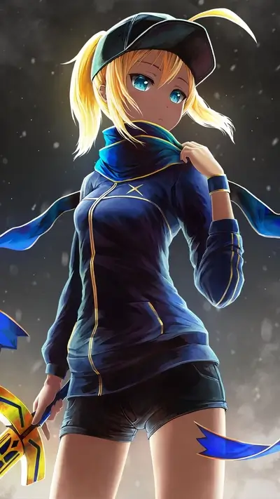 Anime girl in casual wear, holding a sword