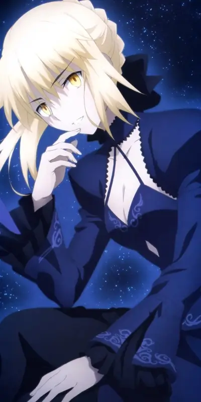 Anime girl in dark blue dress, stars background