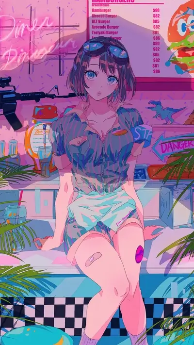 Anime girl in diner with gun and menu