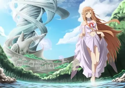 Anime girl in flowing dress, fantasy city, and swirling vortex