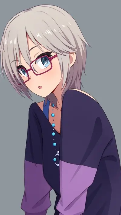 Anime girl in glasses with short gray hair, wearing a purple shirt