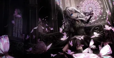 Anime girl in gothic attire surrounded by butterflies