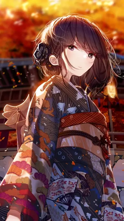 Anime girl in kimono, autumn leaves