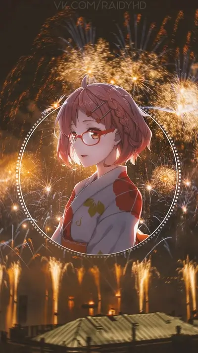 Anime girl in kimono celebrating with golden fireworks