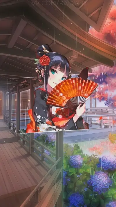 Anime girl in kimono holding a fan in the rain