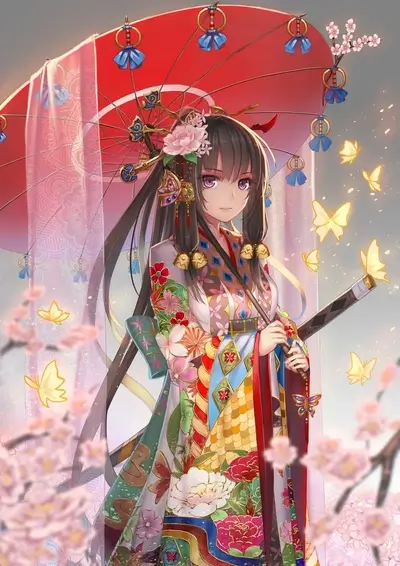 Anime girl in kimono holding sword under umbrella, surrounded by butterflies and cherry blossoms