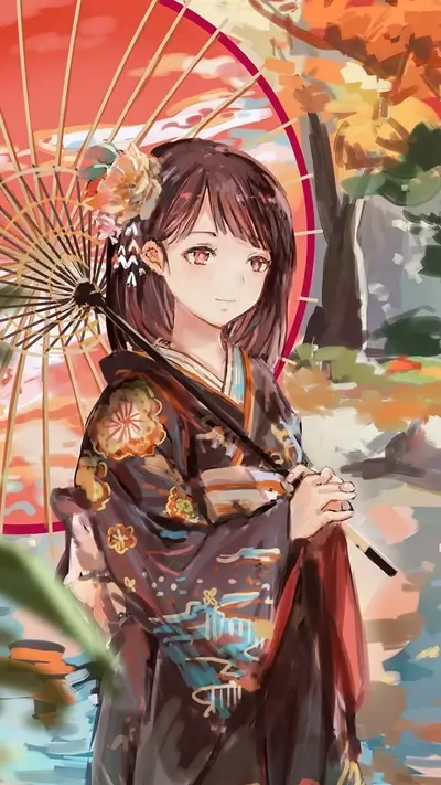 Anime girl in kimono holding umbrella in an autumn garden