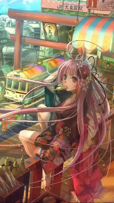 Anime girl in kimono near a train