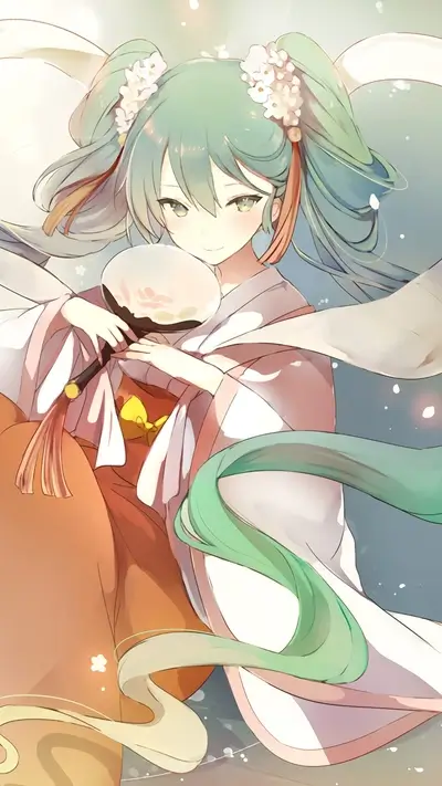 Anime girl in kimono, smiling, holding fan
