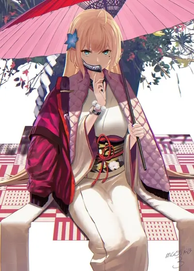 Anime girl in kimono under pink umbrella