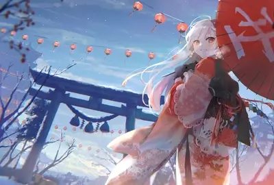 Anime girl in kimono under red umbrella