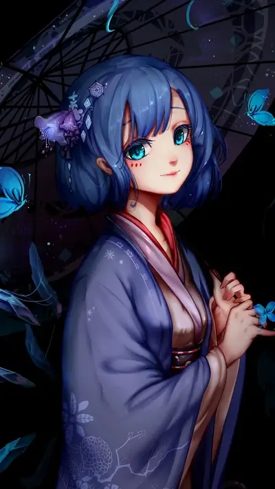 Anime girl in kimono with blue hair, holding umbrella.