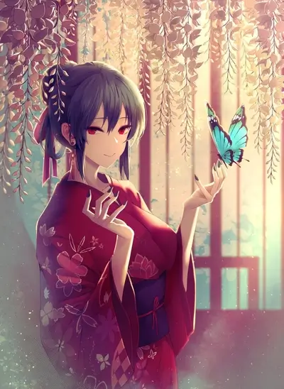 Anime girl in kimono with butterfly