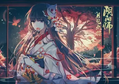 Anime girl in kimono with fox mask, autumn background