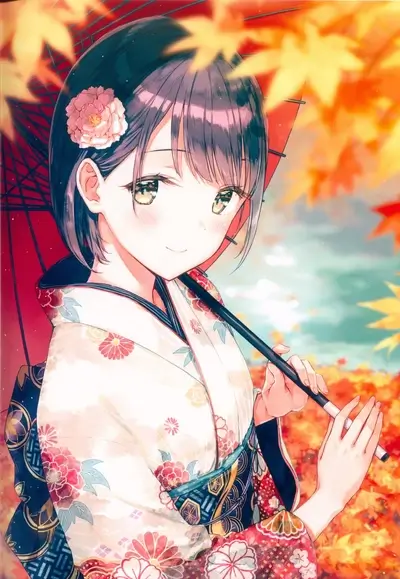 Anime girl in kimono with parasol under autumn leaves smiling sweetly