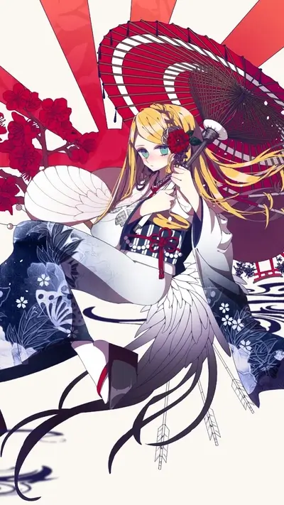 Anime girl in kimono with umbrella