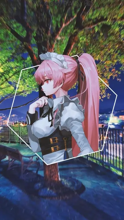 Anime girl in maid outfit, stands elegantly, posing in front of the city at night
