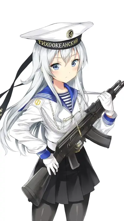 Anime girl in navy uniform holding AK-74 assault rifle