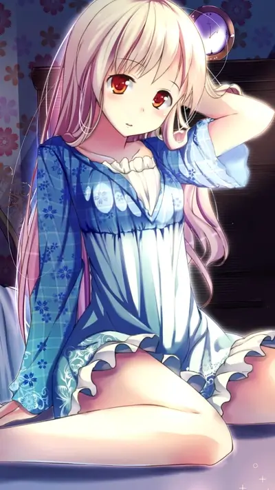 Anime girl in pajamas sits on bed, waking up