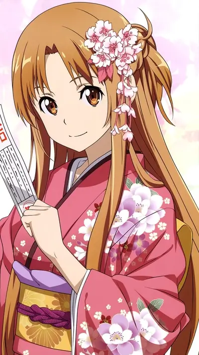 Anime girl in pink kimono holding a fan