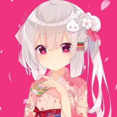 Anime girl in pink kimono holding a gift