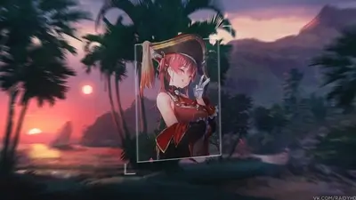 Anime girl in pirate hat, sunset background