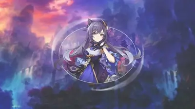 Anime girl in purple dress, fantasy background