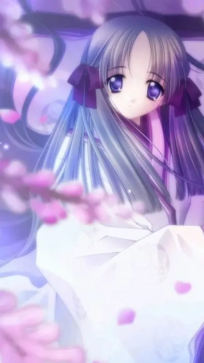 Anime girl in purple kimono, surrounded by pink blossoms