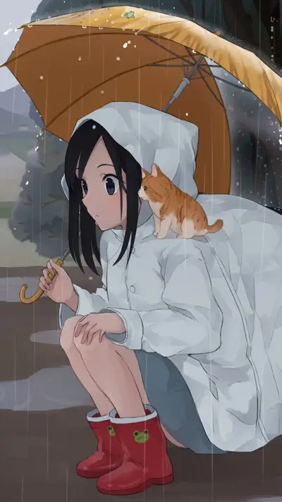 Anime girl in rainy weather with a cat and a frog.