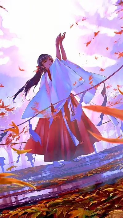 Anime girl in red and white kimono, autumn leaves falling