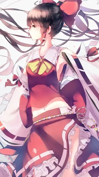 Anime girl in red and white kimono, long dark hair