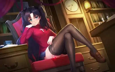 Anime girl in red dress sitting on a chair
