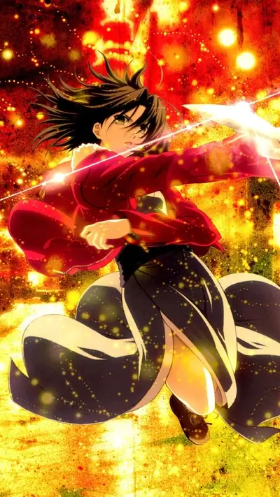 Anime girl in red jacket wielding sword, with intense expression, fiery background