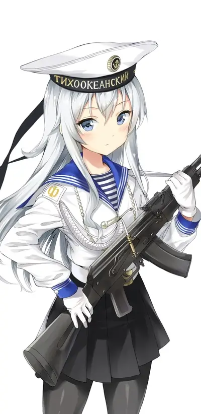Anime girl in sailor uniform holding assault rifle